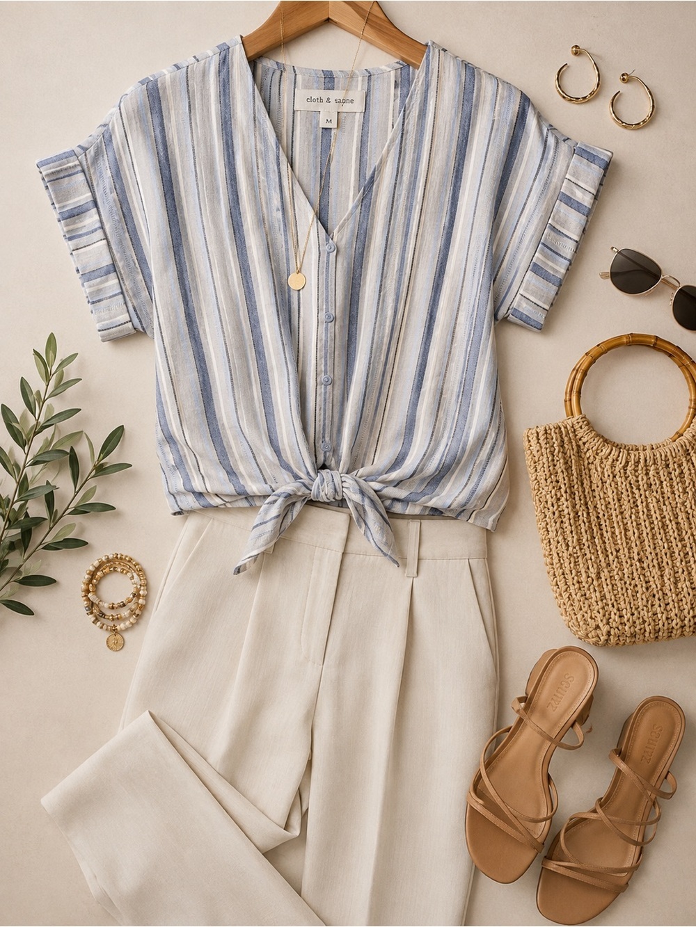 Anthropologie Cloth & Stone Blue Stripe Tie Front Linen Blend Blouse